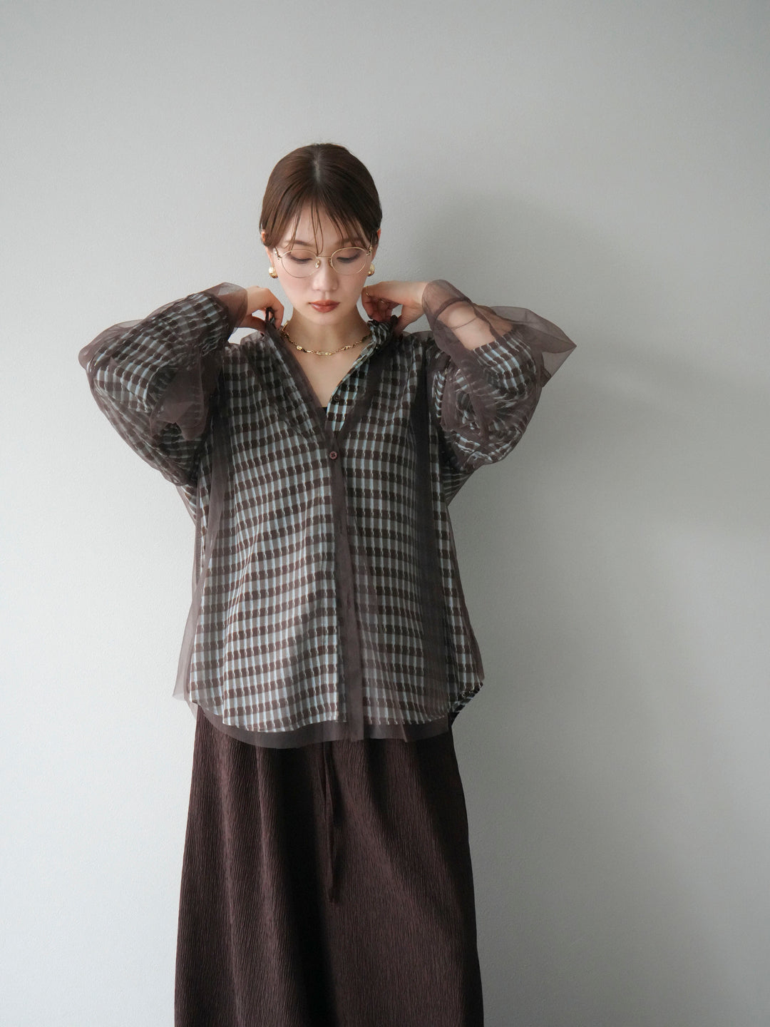 [予約]チェック柄2WAYスリーブバンドカラーシャツ/ブルーブラウン