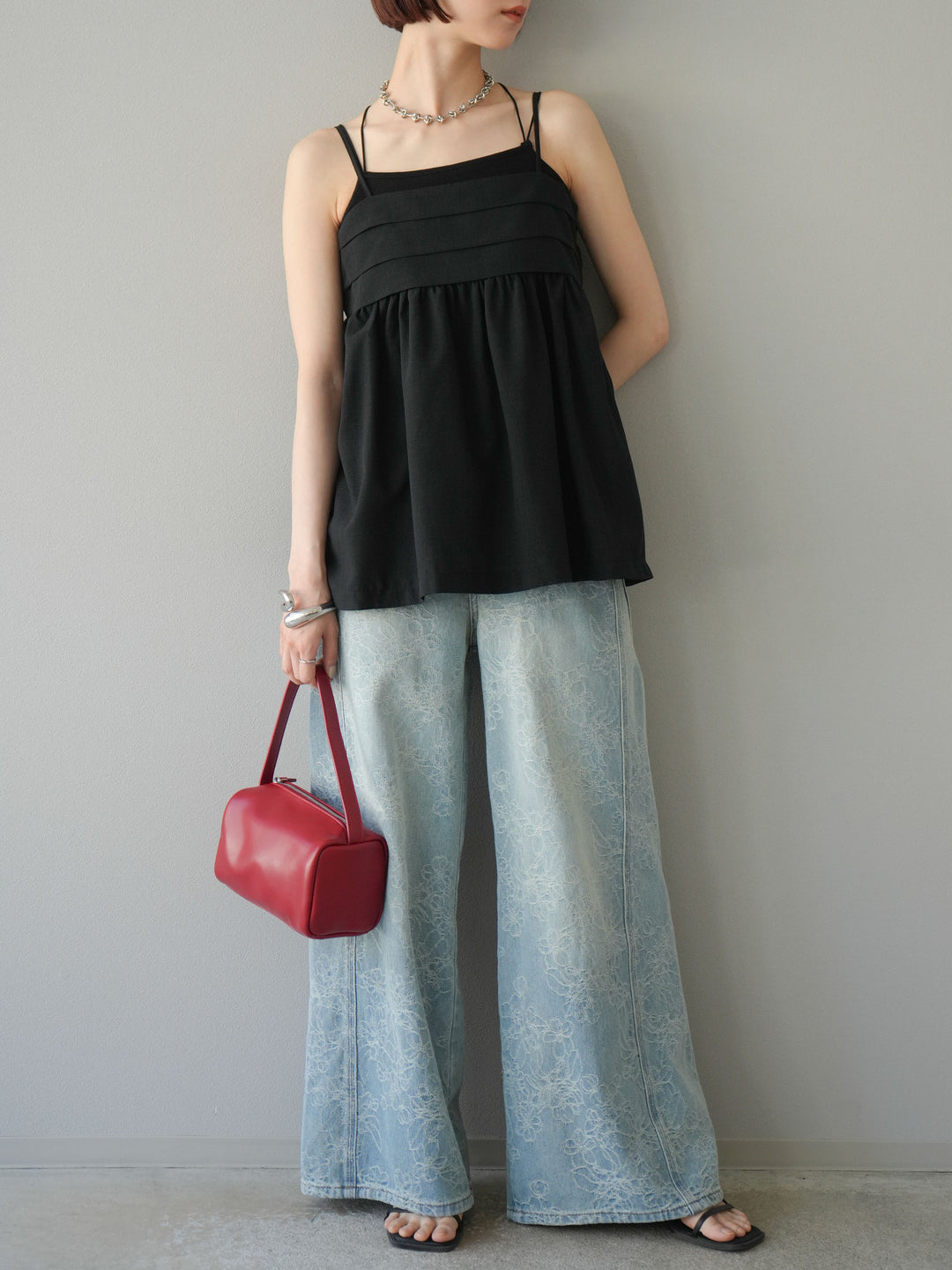 [予約]リネンライクビスチェデザインキャミソール/ブラック