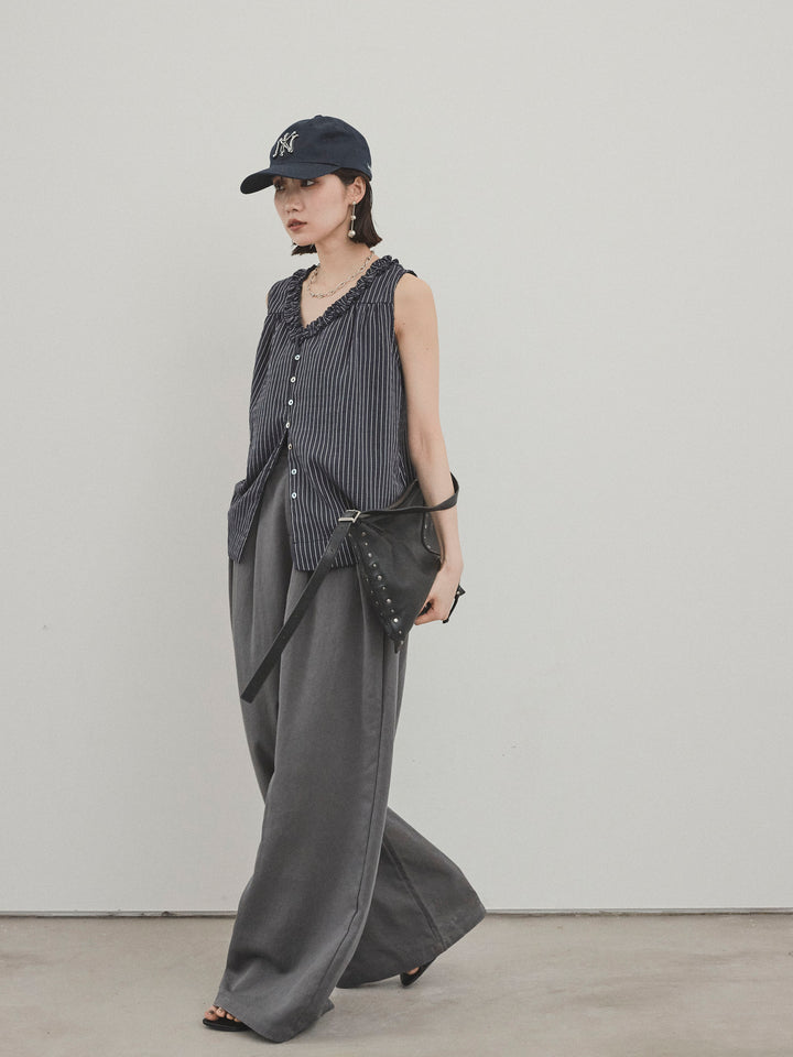 [SET] 條紋荷葉邊襯衫 + 亞麻觸感褶皺寬褲 (2 件套)