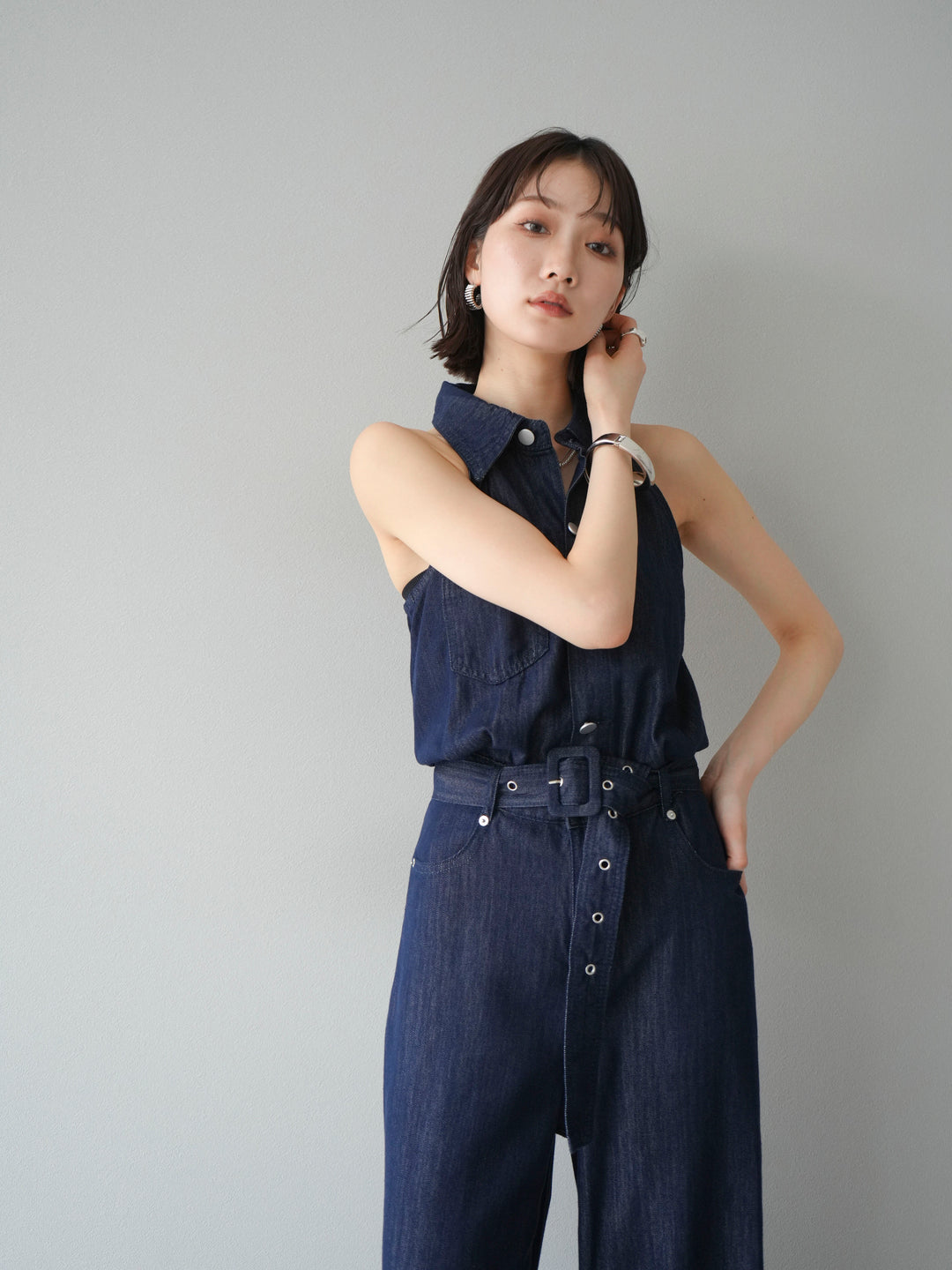 【預購】翻領牛仔連身衣/深藍色