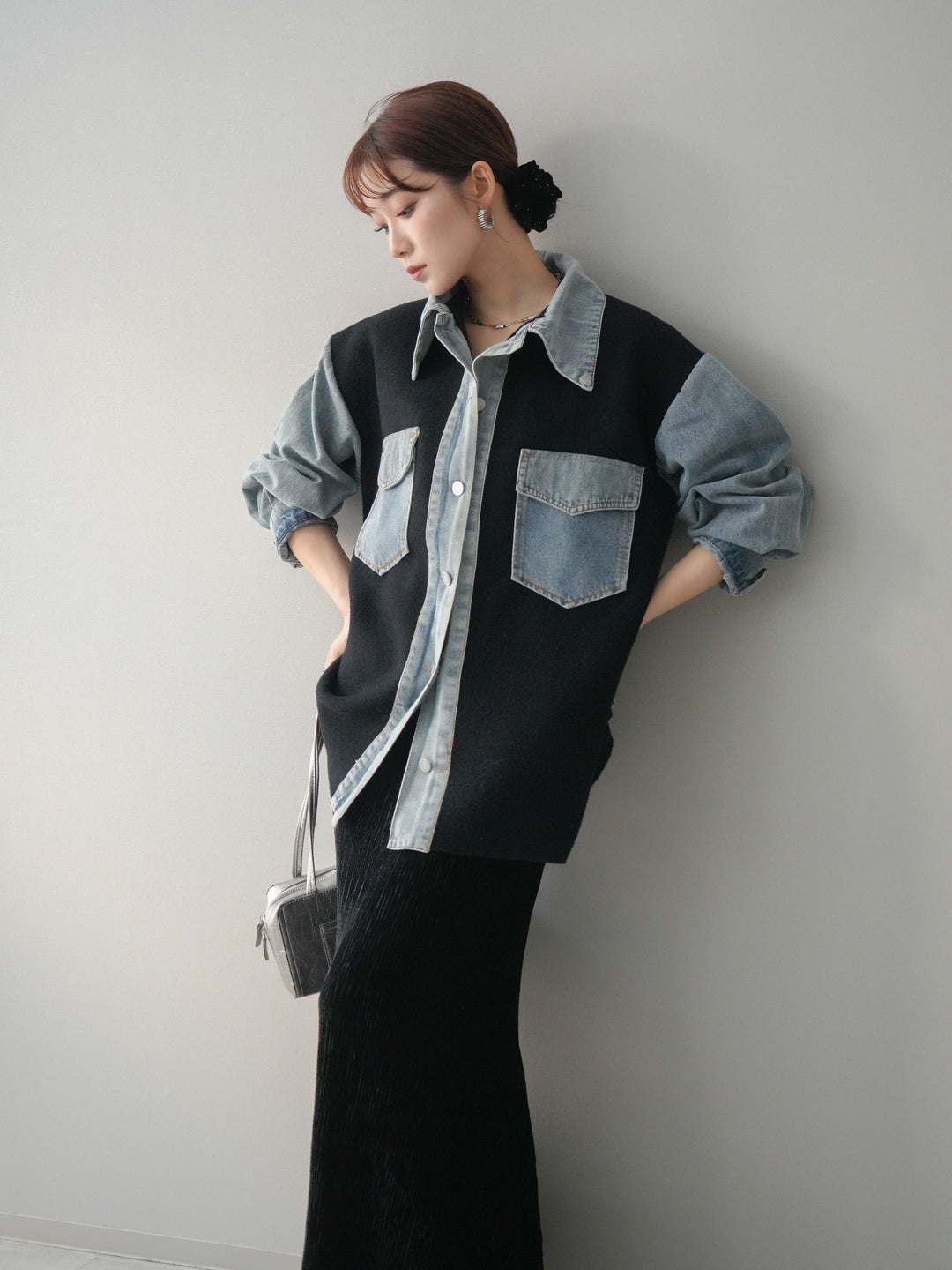 [予約]デニム襟ダブルフェイスニットカーディガン/black