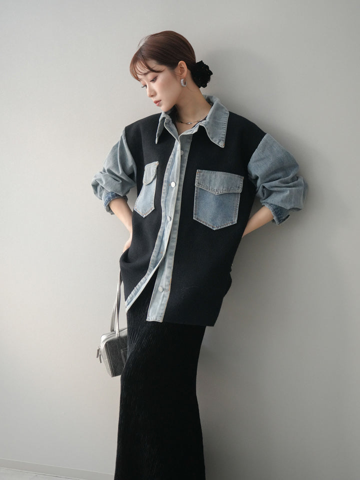 [予約]デニム襟ダブルフェイスニットカーディガン/black