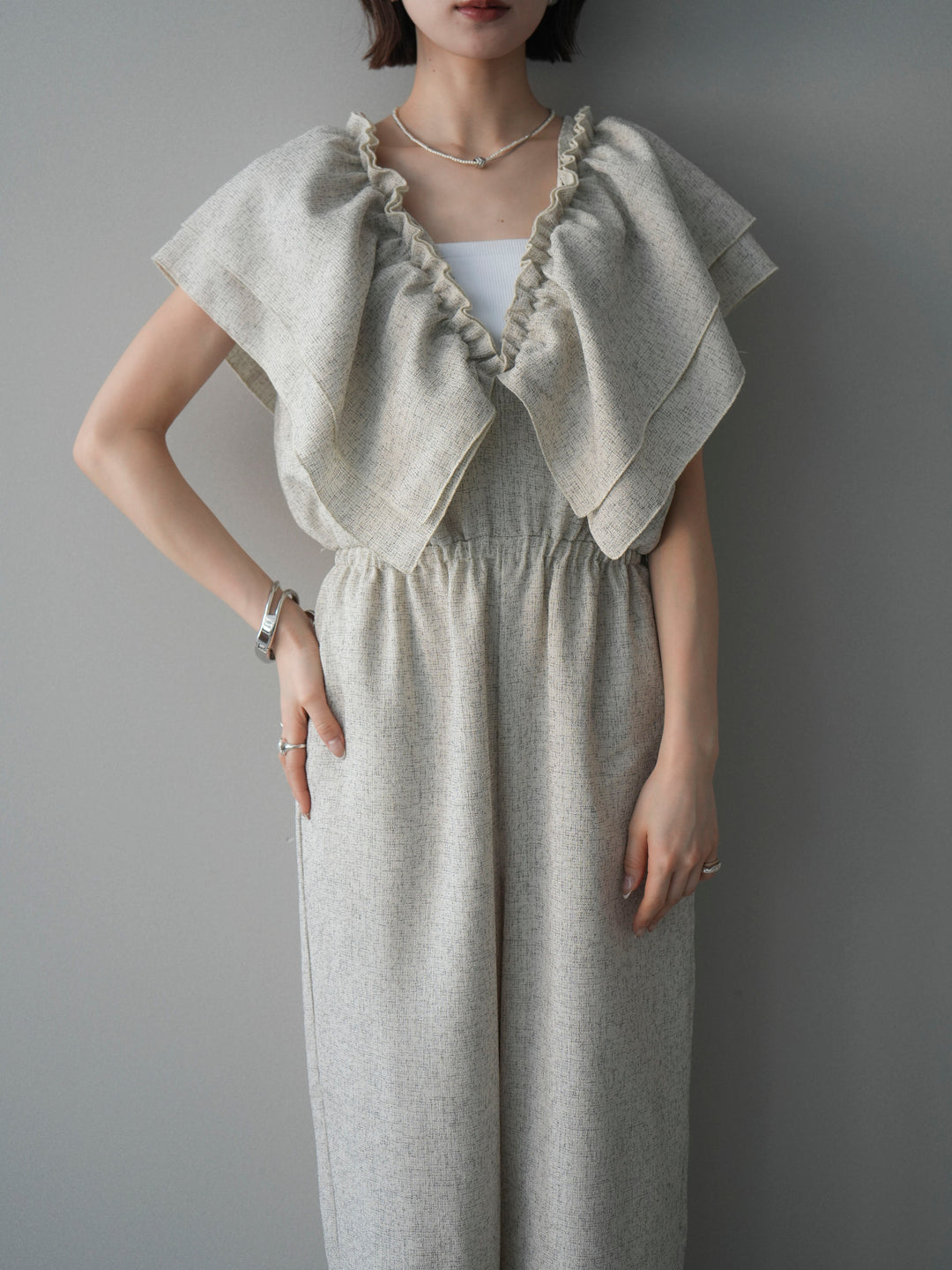 [SET]3WAYミックスツイードギャザーオールインワン+選べるアクセセット(2set)