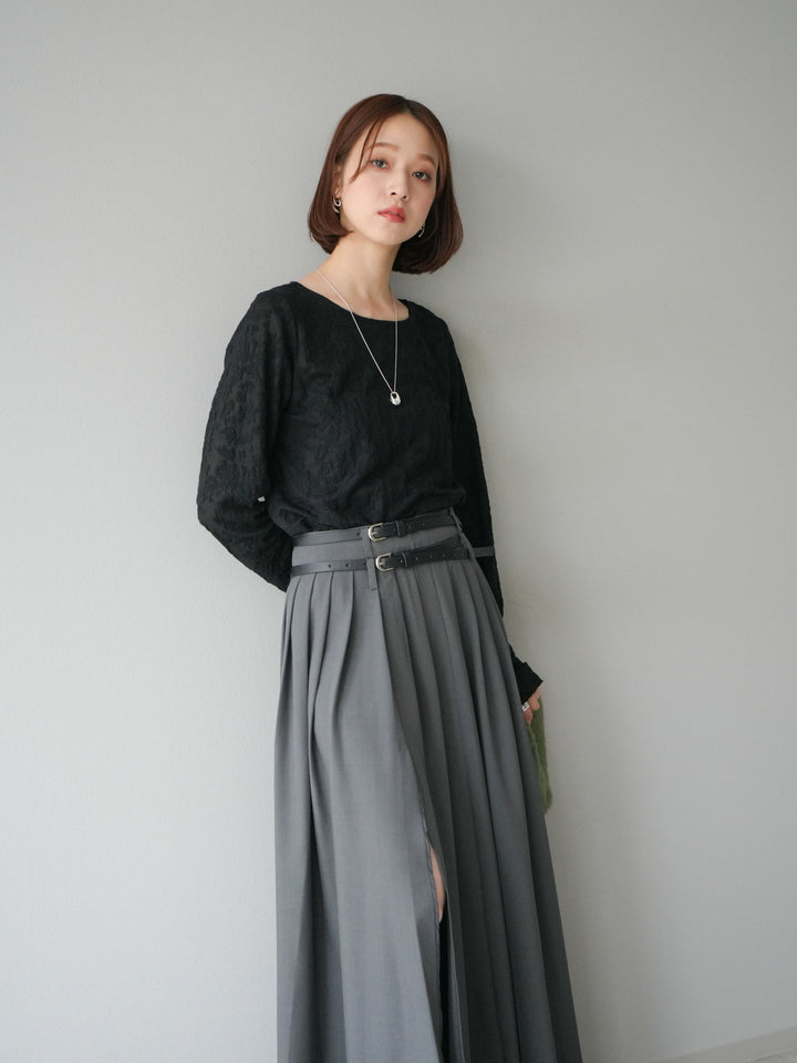 [SET]シアージャガードトップス+エステルプリーツスリットスカート(2set)