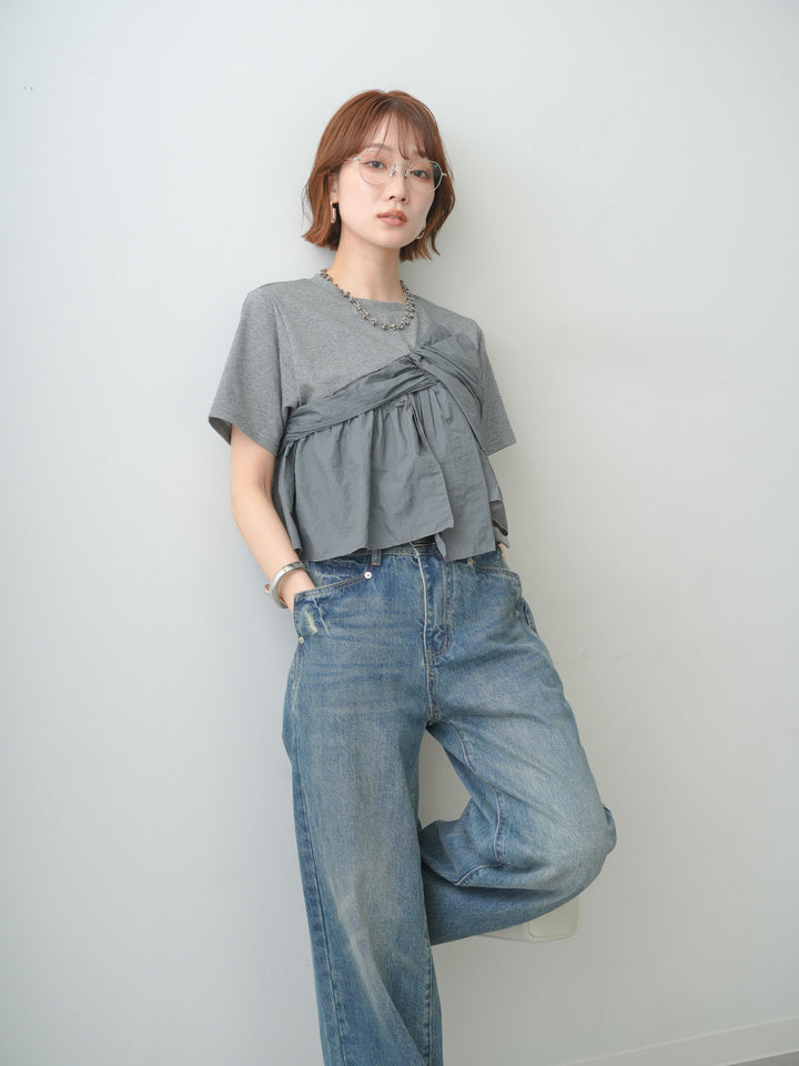 [SET]ナイロンドッキングツイストTEE +ストーンウォッシュルーズフィットデニム(2set)