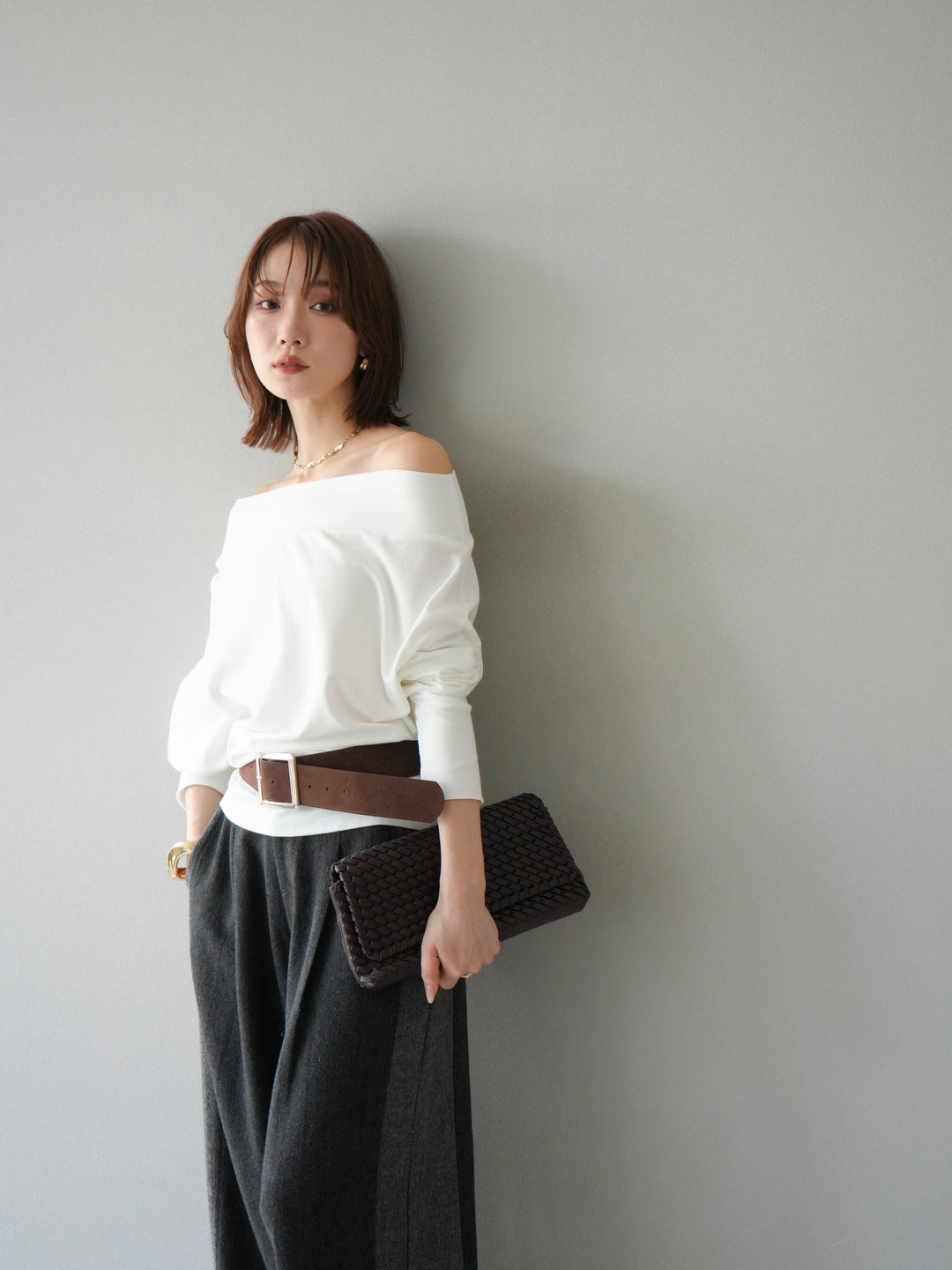 [予約]ベルト付オフショルカットソー/ホワイト