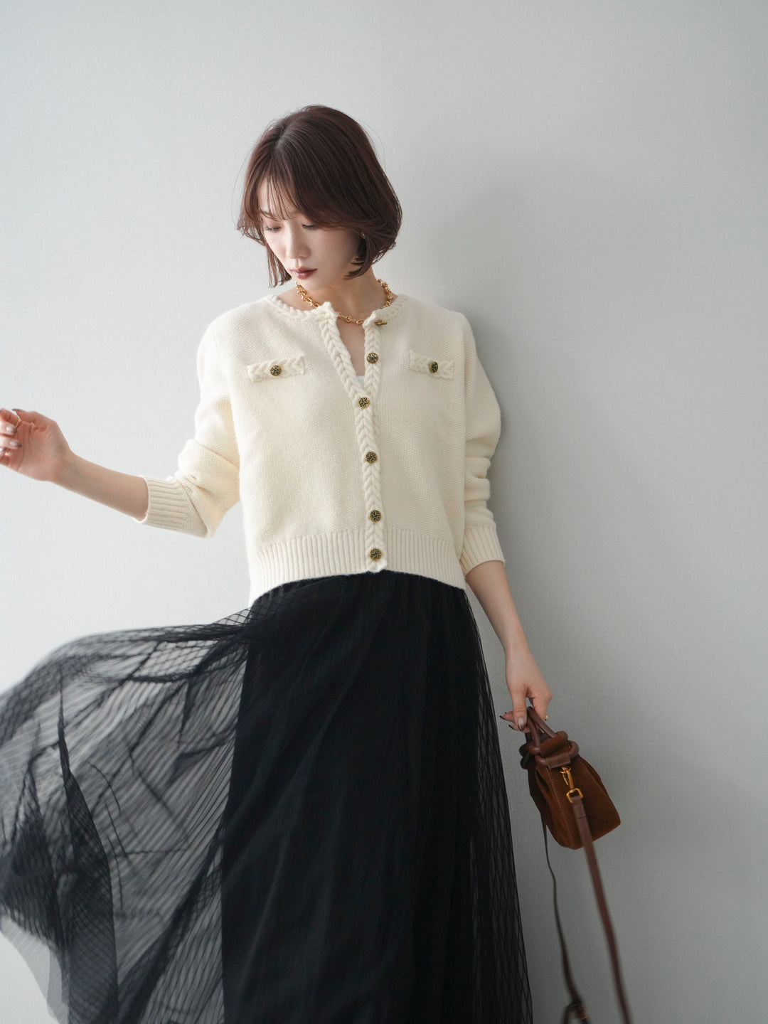 [SET]編みこみアンティークボタンニットカーディガン+チュールストライプボリュームスカート(2set)