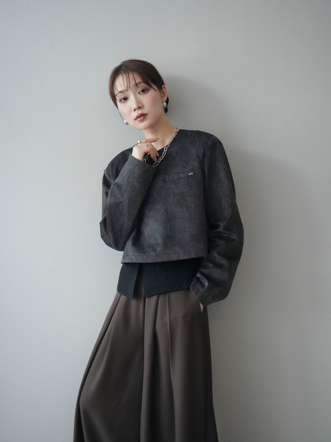 [予約]リブニットレイヤードスエードプルオーバー/charcoal