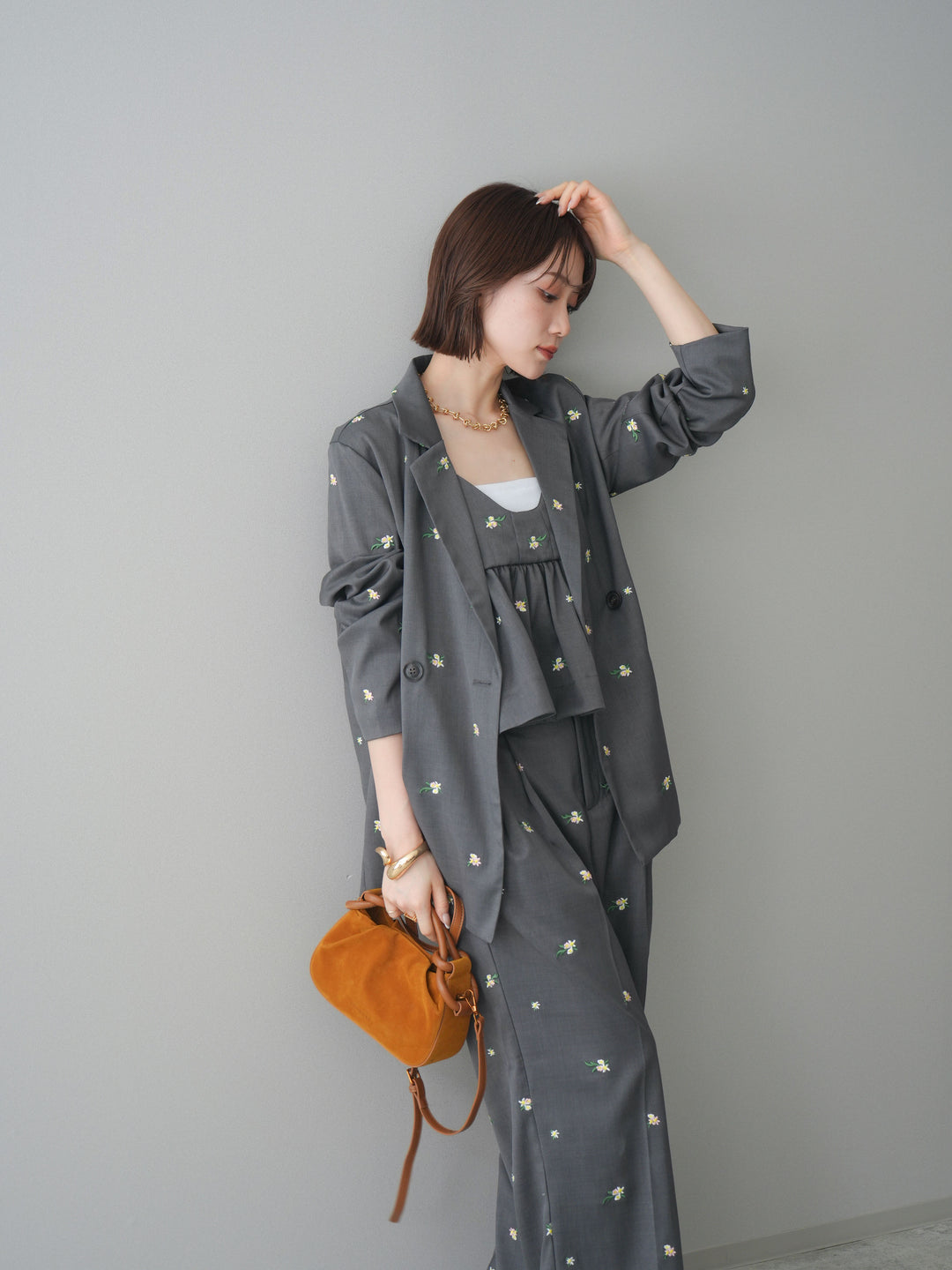 [予約]フラワー刺繍テーラードジャケット/gray