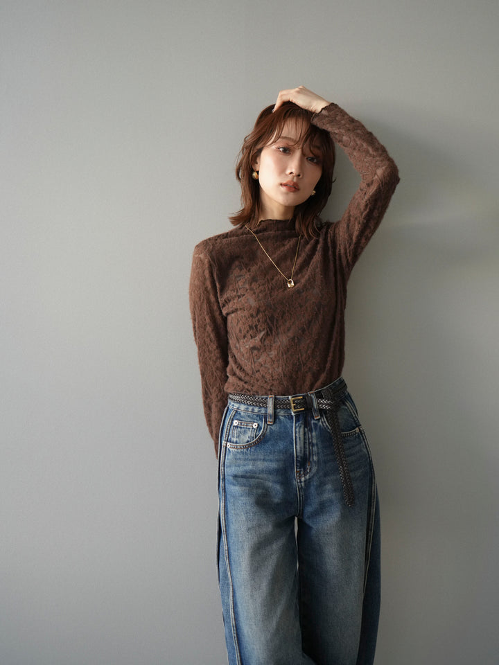 [予約]起毛レースプチネックトップス/brown