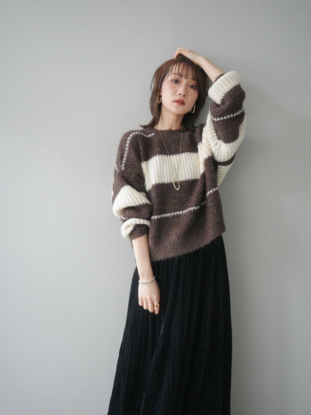 [予約]ネップヤーンボーダーニットプルオーバー/brown