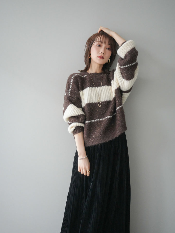 [予約]ネップヤーンボーダーニットプルオーバー/brown