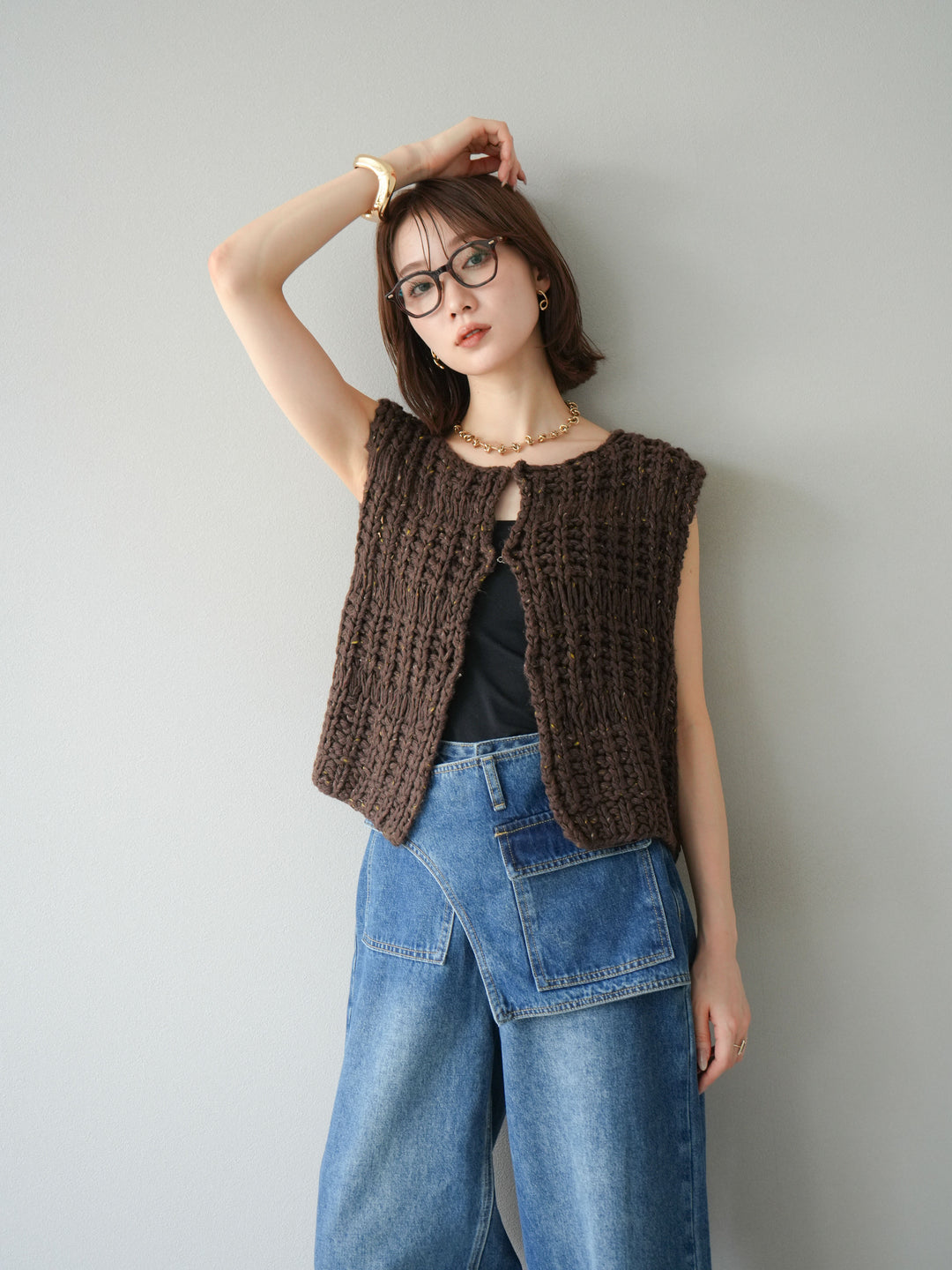 [予約]ミックスヤーンデザイン編みニットベスト/ブラウン
