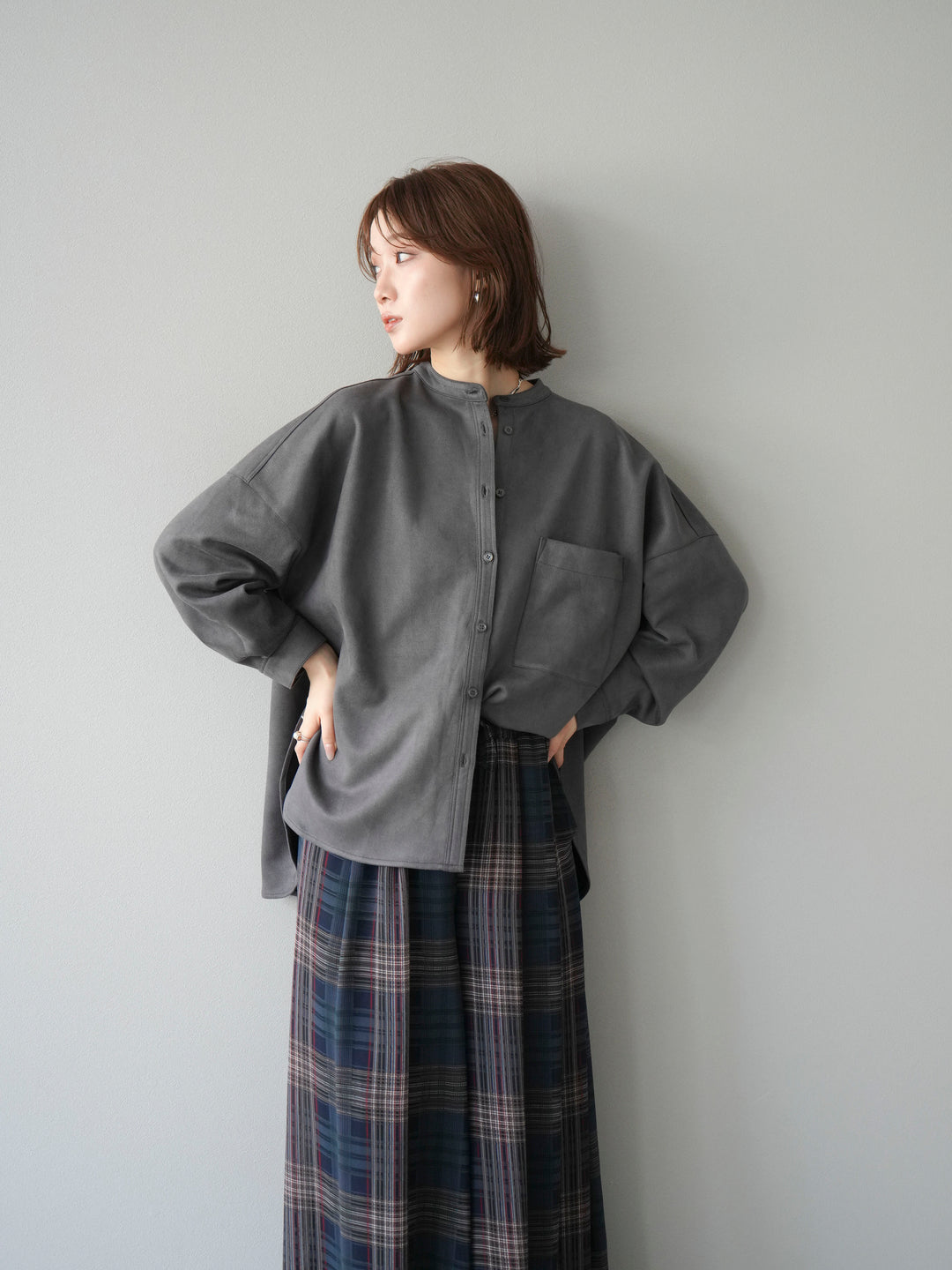 [SET]スエードバンドカラーオーバーシャツ+シアーチェックバギーパンツ(2set)