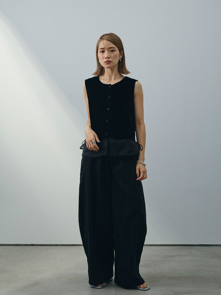 [SET]裾チュールベロアノースリーブプルオーバー+コクーンワイドチノパンツ(2set)