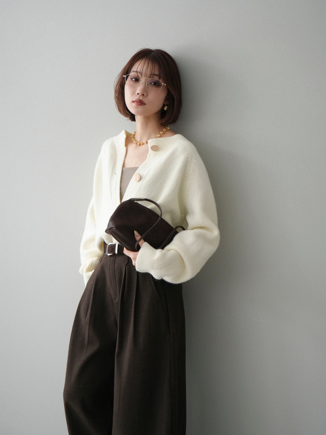 [SET]BIGボタンニットカーディガン+アニマル柄ベルト付きウールタッチワイドパンツ(2set)