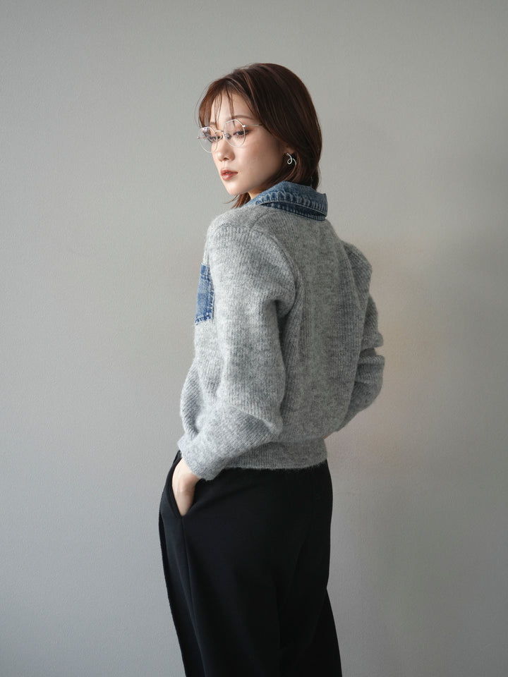 [予約]デニム襟ポケットニットカーディガン/gray