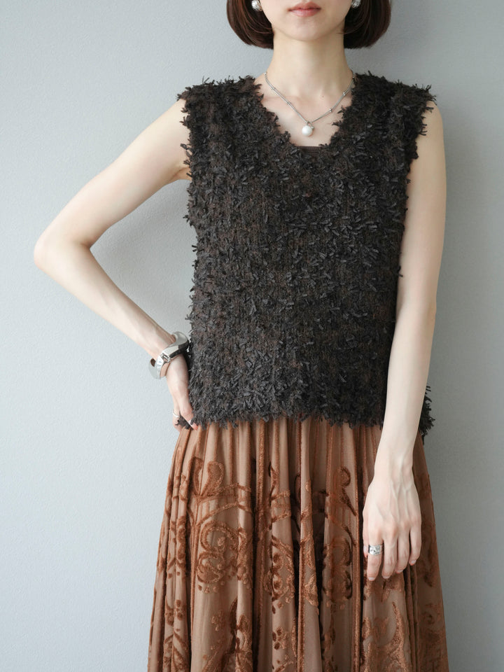 [SET]テープヤーンフリンジニットベスト+アンティーク柄フロッキーマキシスカート(2set)