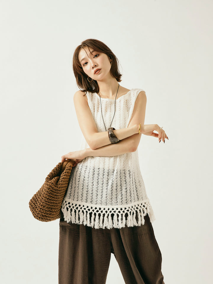 [予約]フリンジ透かし編みニットベスト/ホワイト