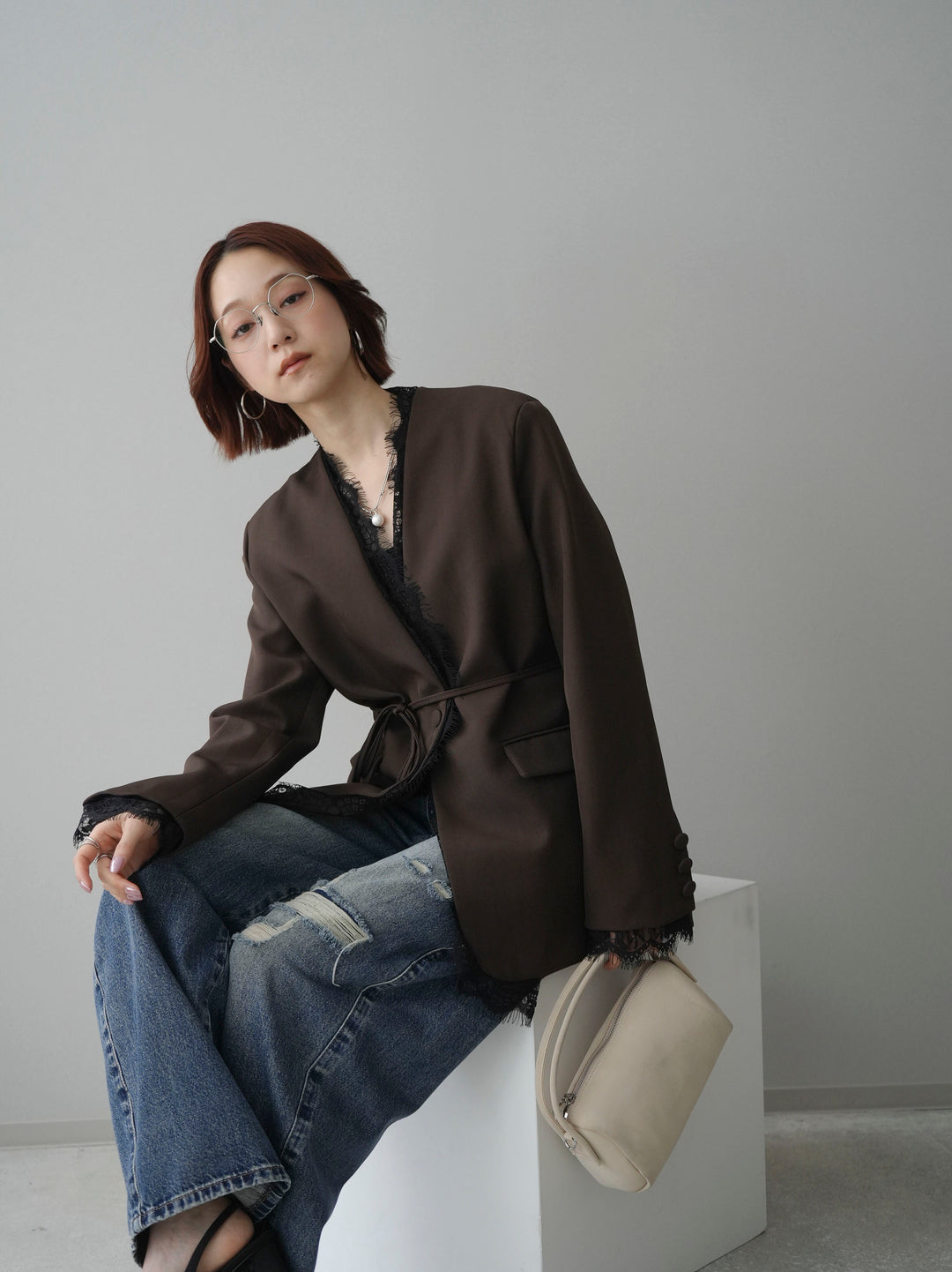 [SET]ノーカラーレースジャケット+カップ付テレコリブベアキャミソール(2set)