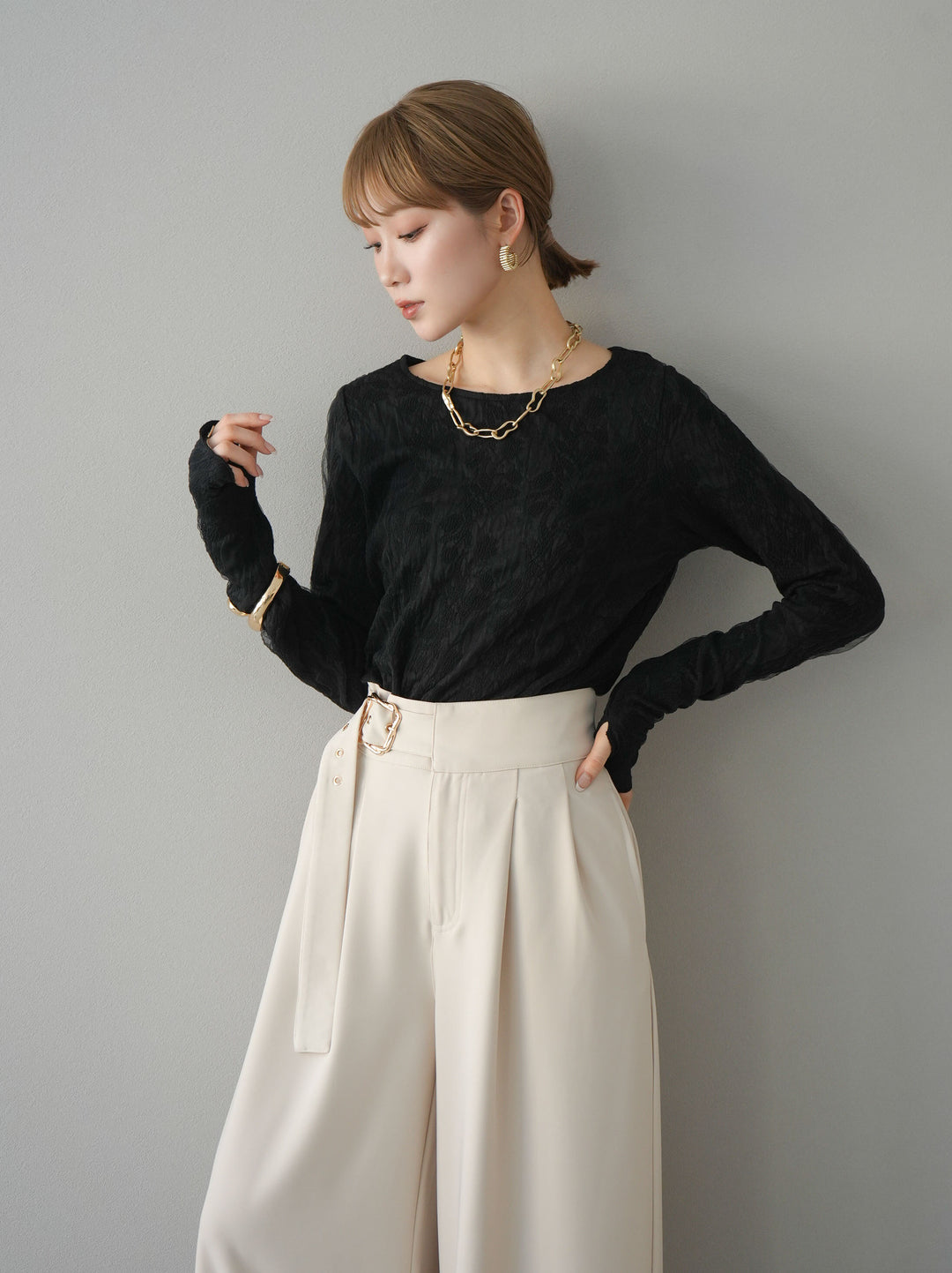 【預購】雙層紗布提花上衣/黑色