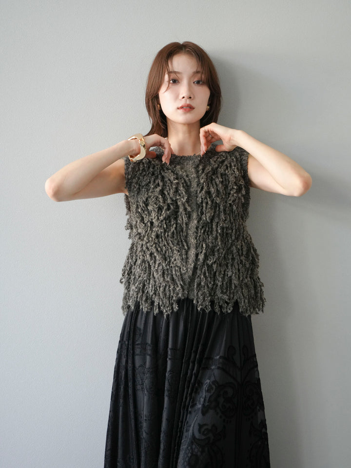 [SET]フリンジループニットベスト+アンティーク柄フロッキーマキシスカート(2set)