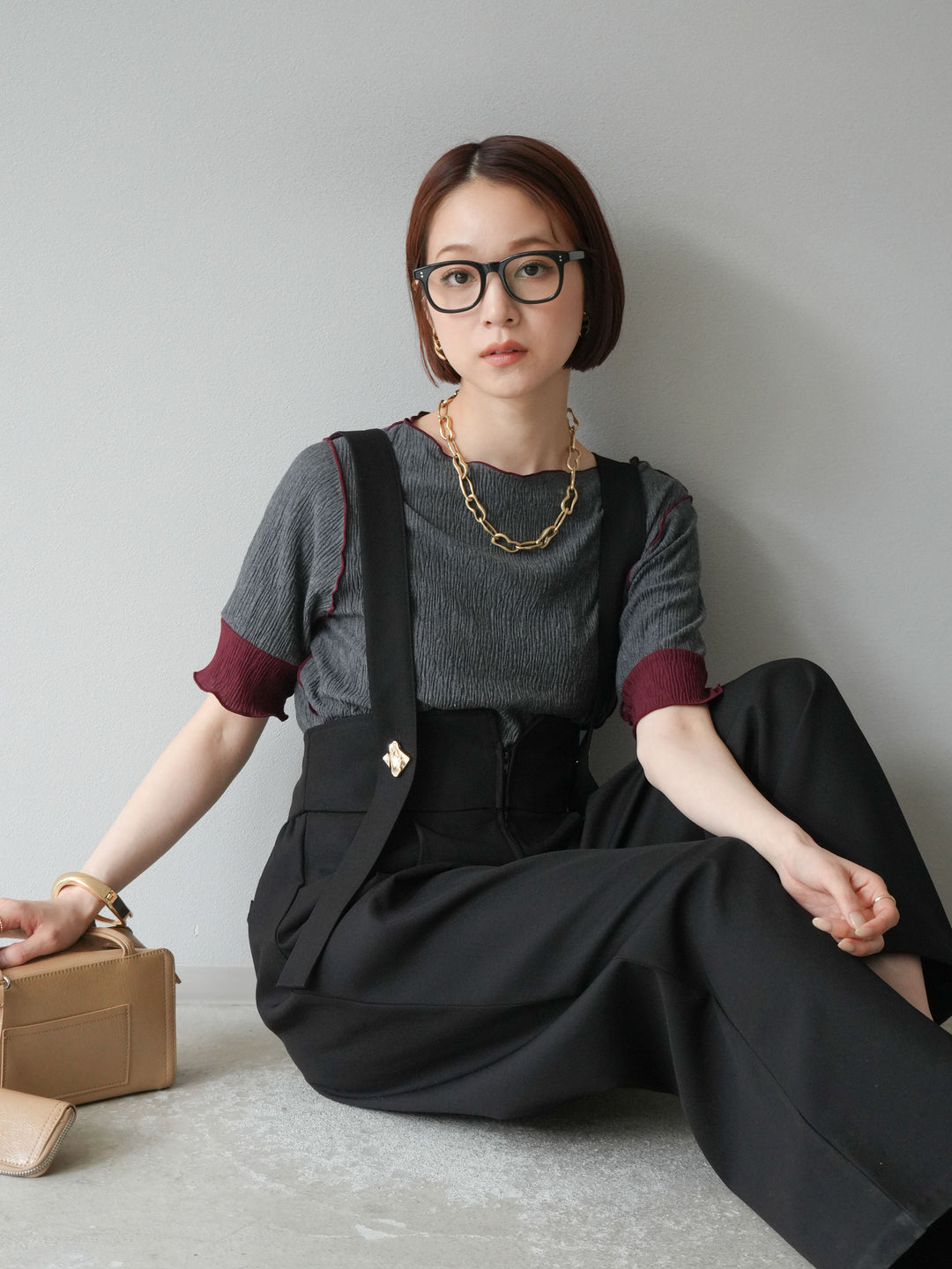 [SET]プリーツ配色ボートネックプルオーバー+ゴールドボタンサスペンダーワイドパンツ(2set)