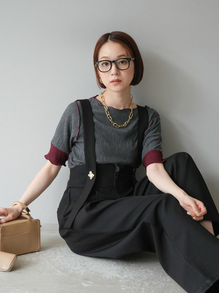 [SET]プリーツ配色ボートネックプルオーバー+ゴールドボタンサスペンダーワイドパンツ(2set)