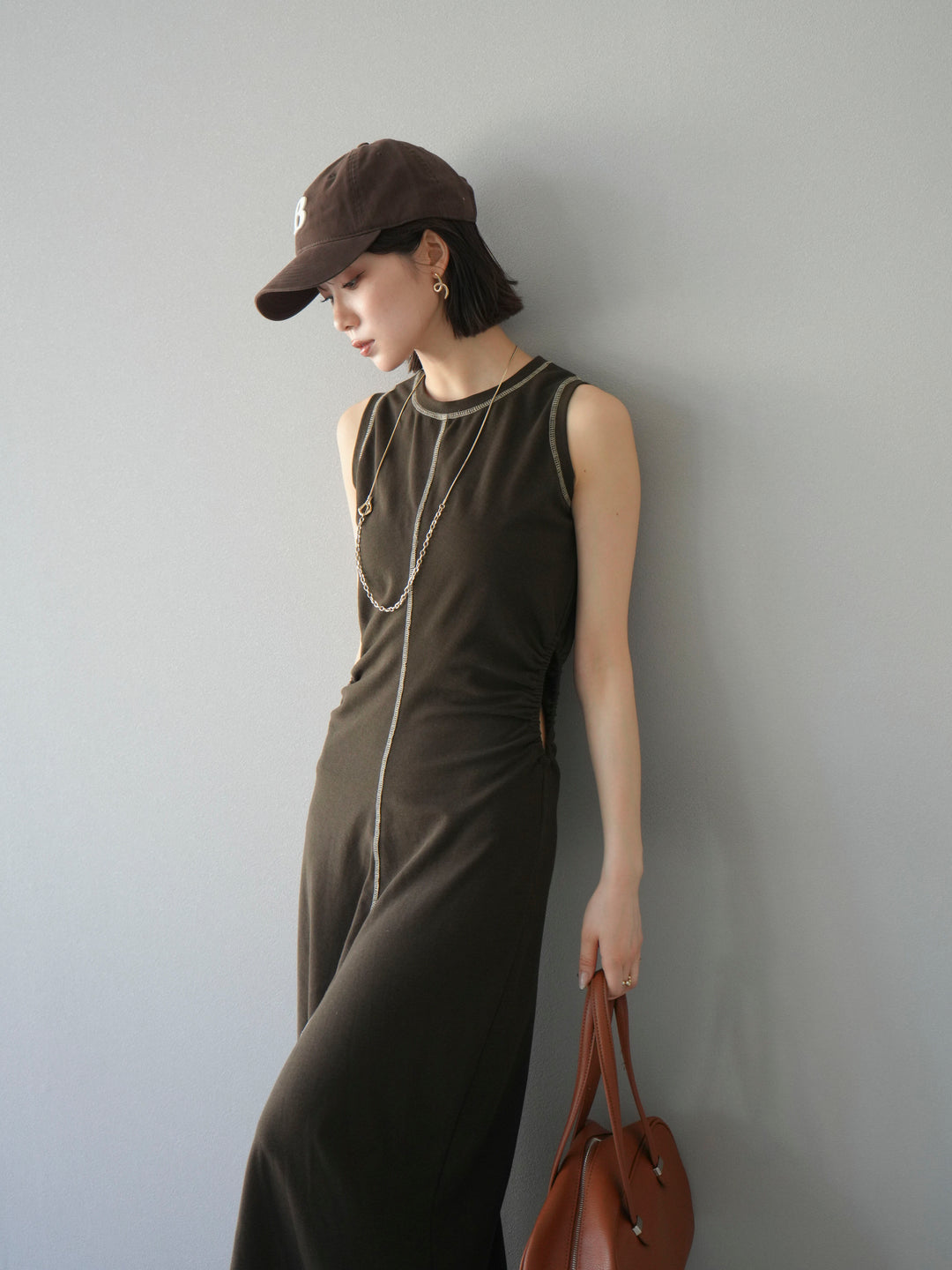 [予約]ウエストオープンステッチカットワンピース/ブラウン