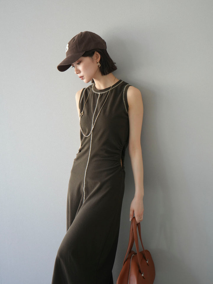 [予約]ウエストオープンステッチカットワンピース/ブラウン