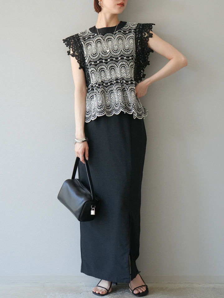 [SET] 扇貝刺繡蕾絲上衣 + 亞麻質感拉鍊開衩緊身裙（2件套）