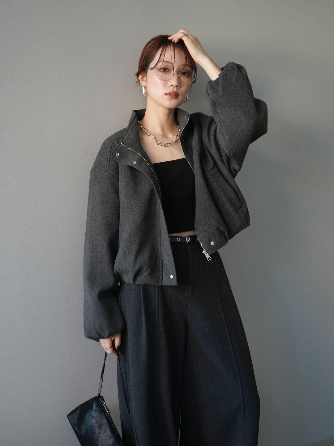 [予約]タックデザインジップブルゾン/charcoal