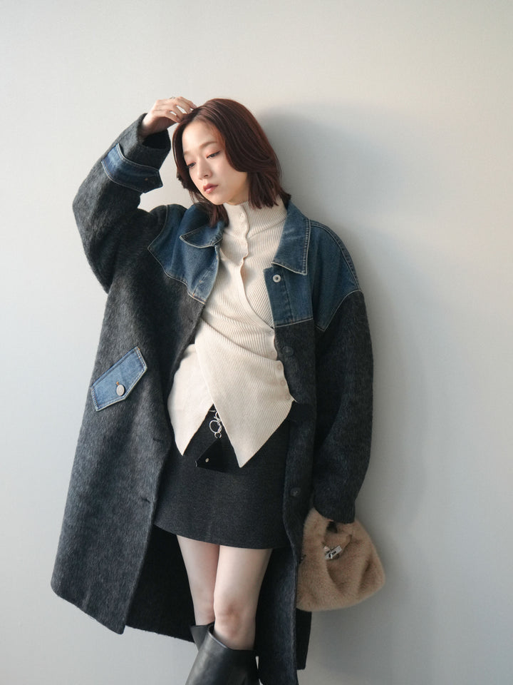 [SET]デニム切替シャギーステンカラーコート+ウールタッチベルト付ミニスカート(2set)