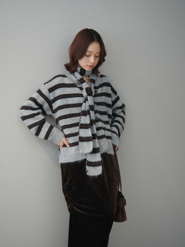 [SET]ボウタイ付きボーダーニットプルオーバー+ギャザーベロアスカート(2set)