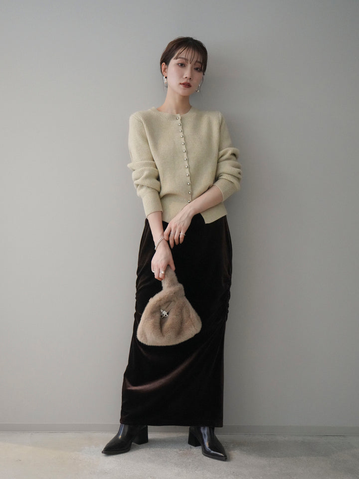 [SET]シルバーボタン畦編みニットカーディガン+ギャザーベロアスカート(2set)