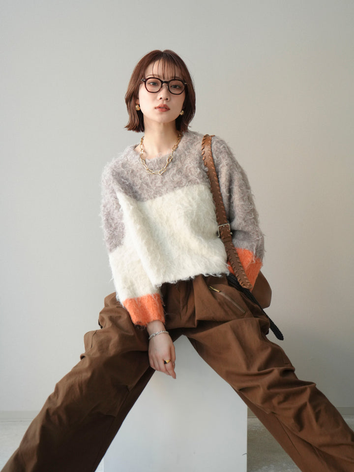 [SET]バイカラーモヘアタッチニットプルオーバー+コットンタックループパンツ(2set)