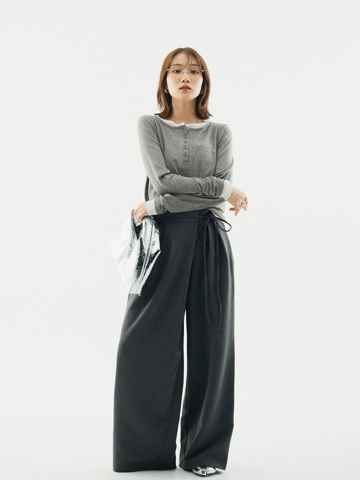 【Allure】[SET]配色レイヤードヘンリーネックトップス+ラップデザインタックワイドパンツ(2set)