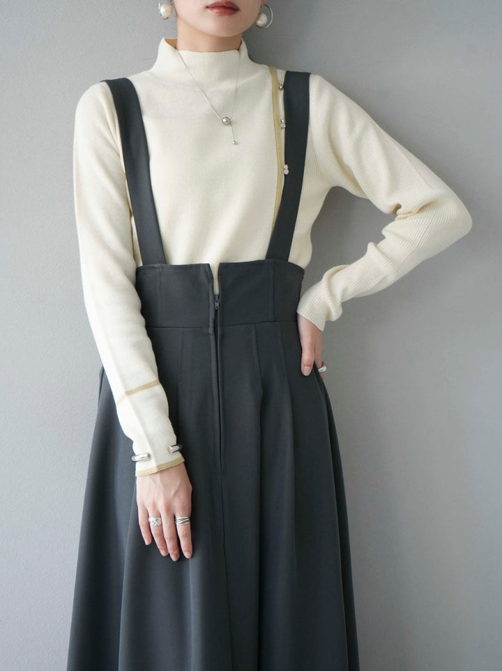 [預訂] 瓶頸配色設計紐扣針織上衣/象牙色