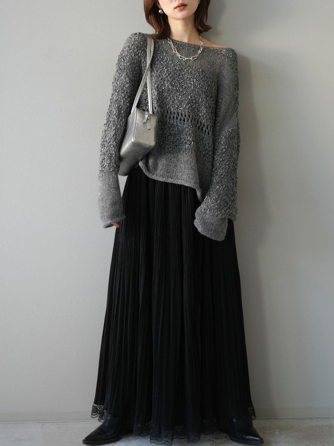 [予約]ミックスヤーンデザイン編みメッシュニットプルオーバー/グレー