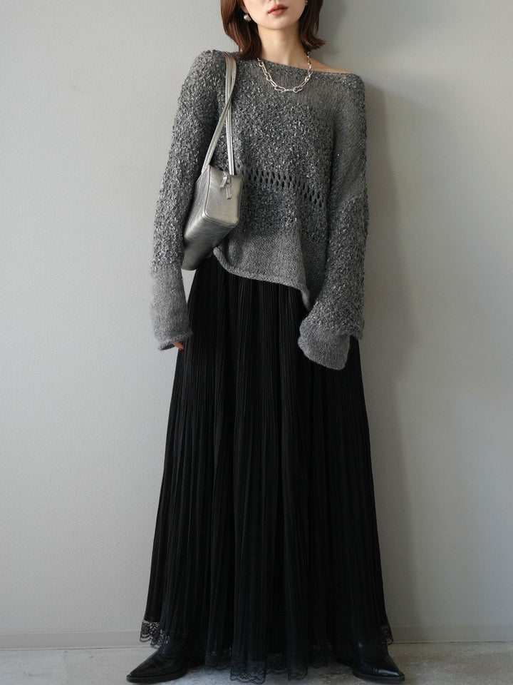 [予約]ミックスヤーンデザイン編みメッシュニットプルオーバー/グレー