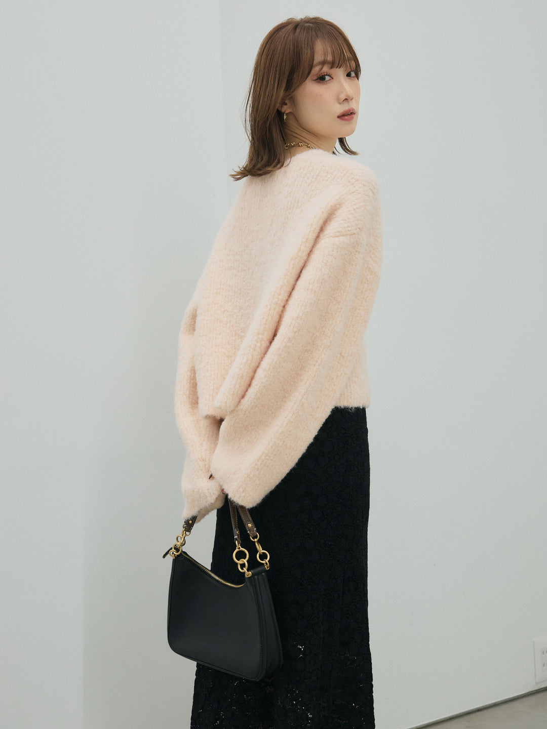 【Allure】[SET]ブークレニットカーディガン+起毛レースストレッチナロースカート(2set)