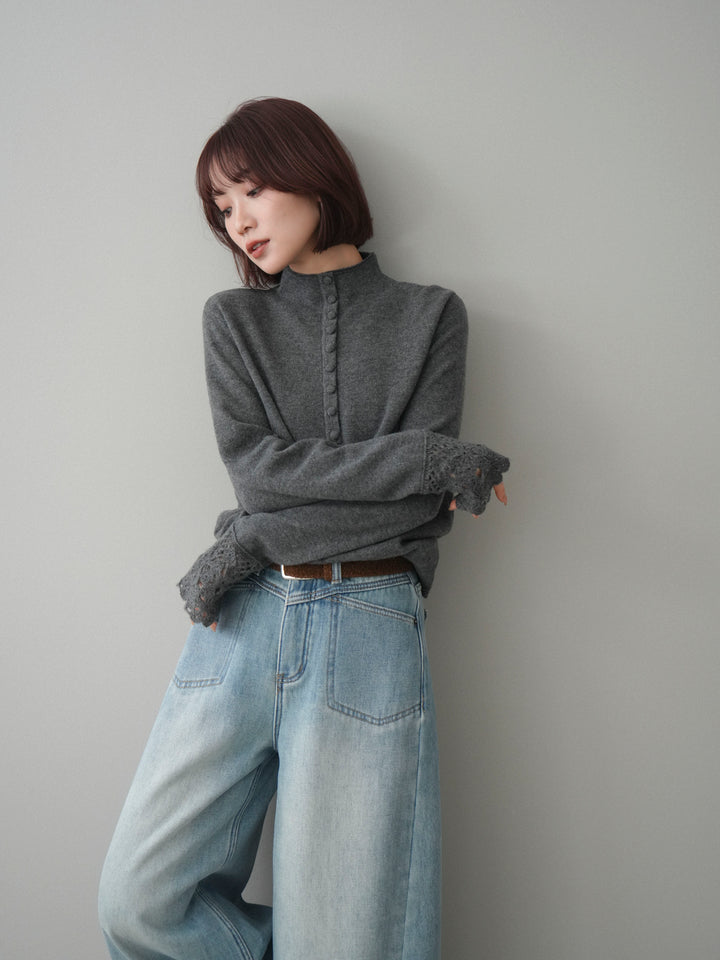 [SET]袖スカラップレースフロントボタンウールニットトップス+袖スカラップレースフロントボタンウールニットトップス(2set)