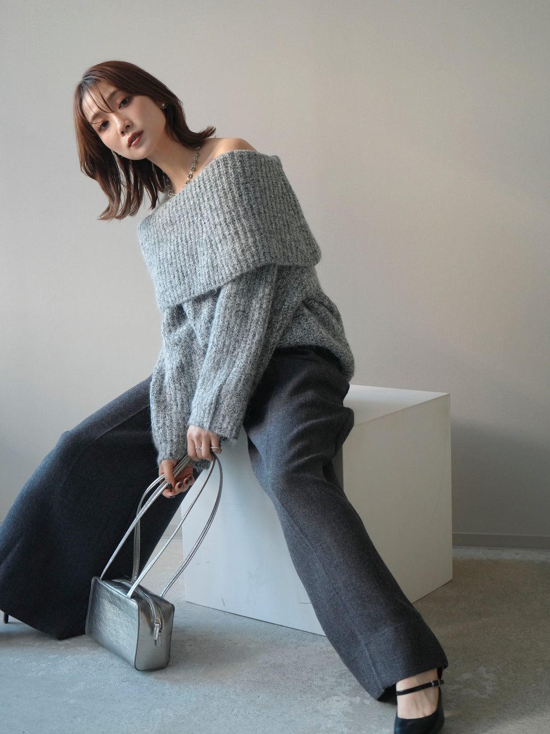 [予約]オフショルミックスニットプルオーバー/gray