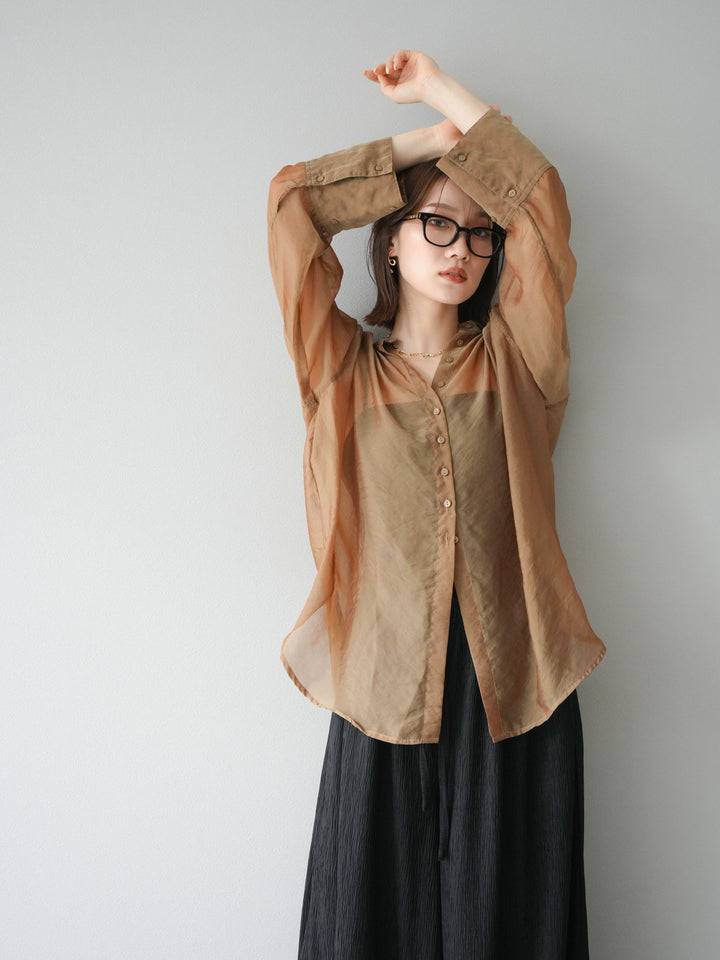 [SET] 亮面透視立領襯衫 + 柳葉寬褲 (2set)