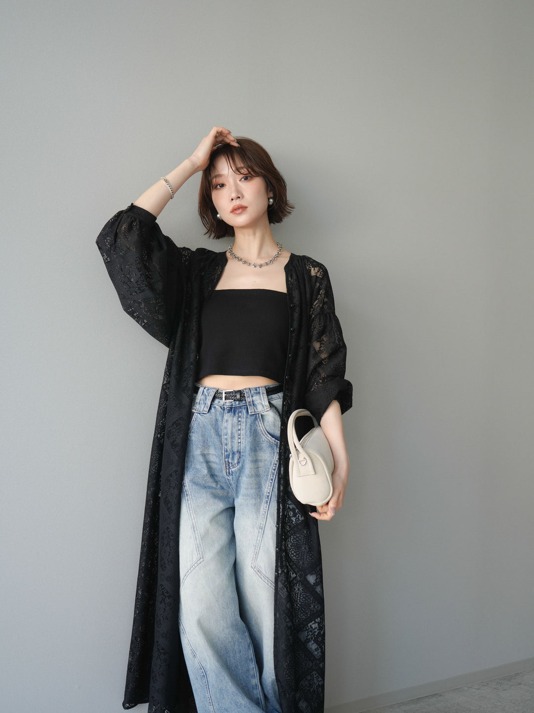 【預購】薄紗蕾絲長裙 / 黑色