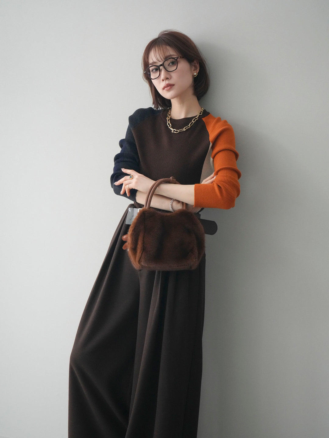 [SET]バイカラーラグランニットトップス+ベルトデザインループウールワイドパンツ(ベルト付)(2set)