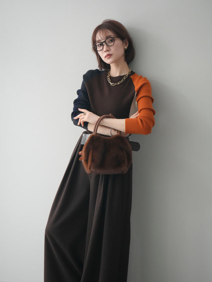 [SET]バイカラーラグランニットトップス+ベルトデザインループウールワイドパンツ(ベルト付)(2set)