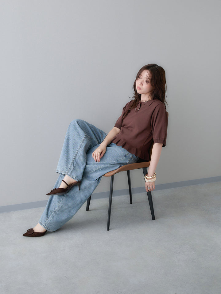 [予約]クールタッチポロフリルニットプルオーバー/brown