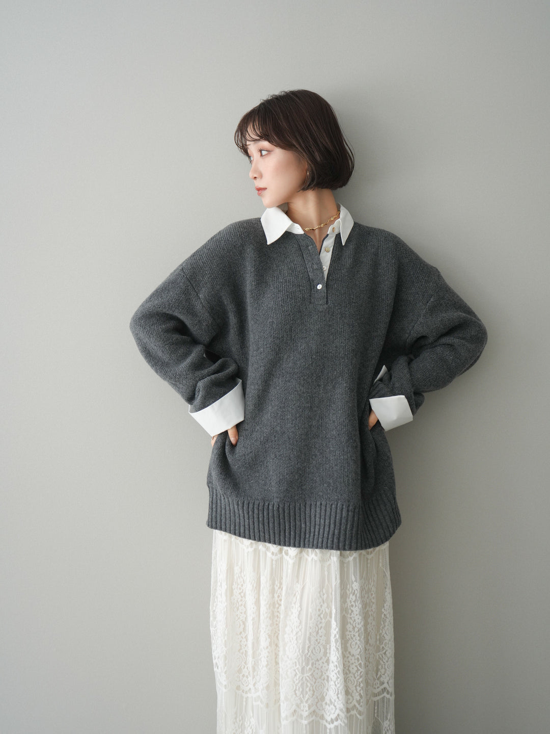 [予約]シャツドッキングオーバーニットプルオーバー/charcoaloff