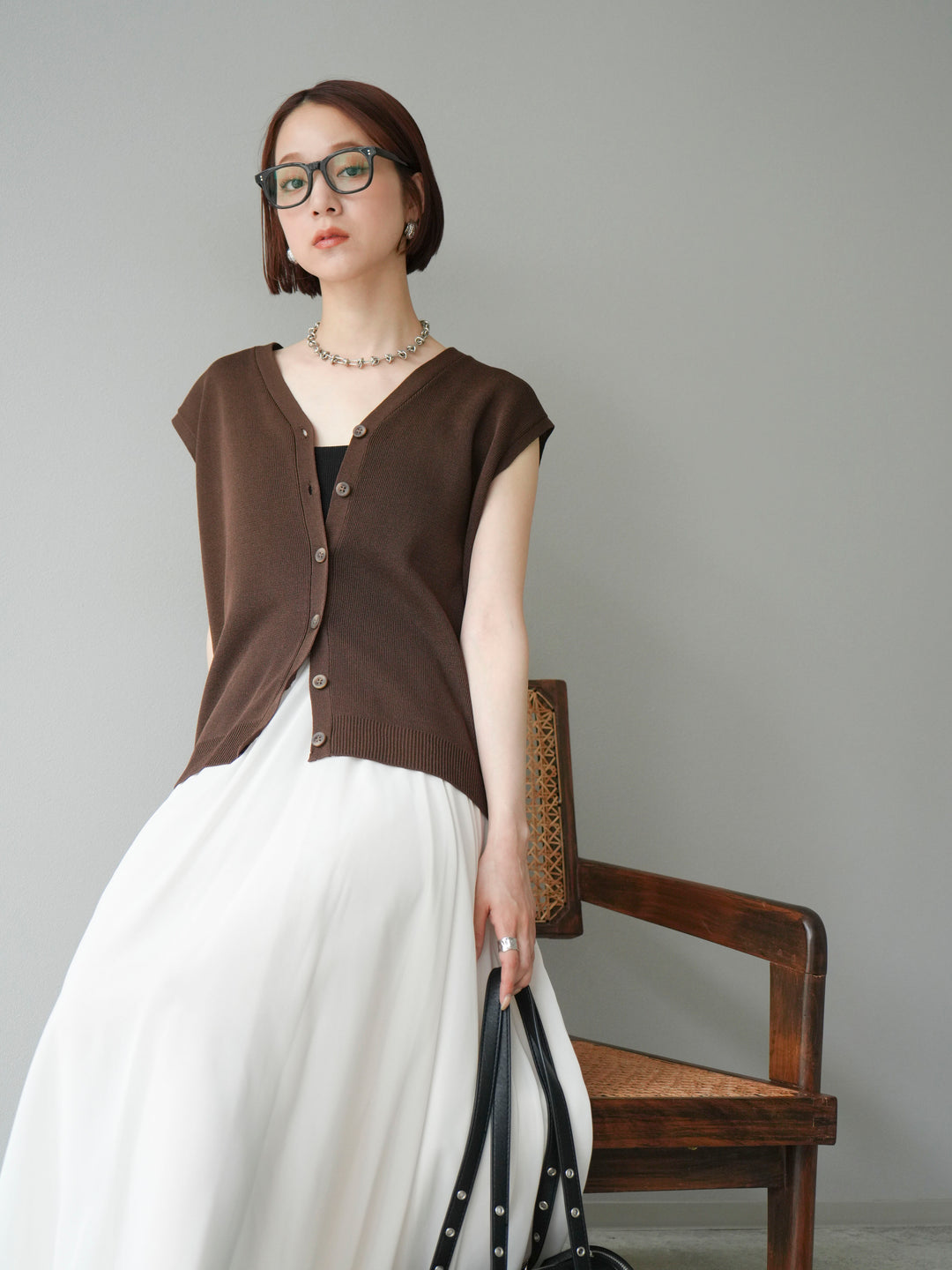 [SET] V領人造絲針織背心+雪紡喇叭裙（2件組）